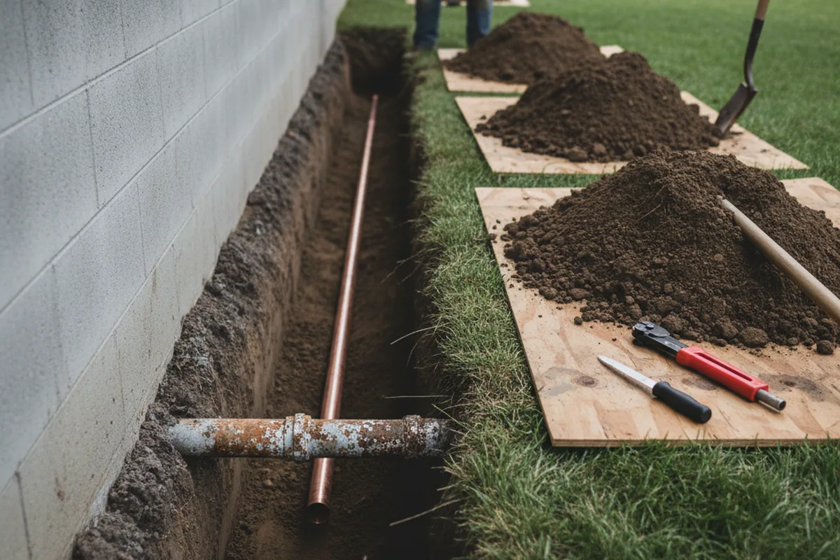 Excavated water line trench during Water Softener Installation in Bishop